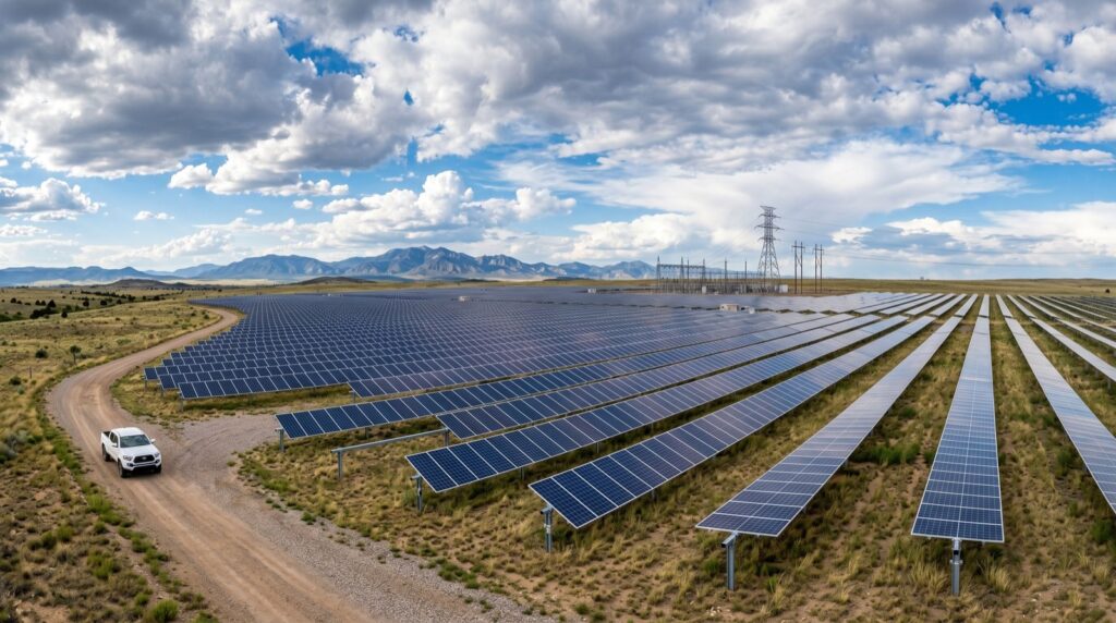 Ground-mounted solar panels in an open field